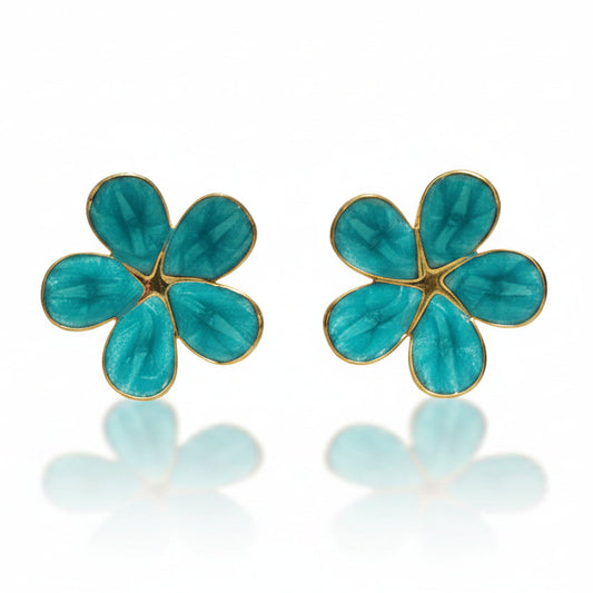 Boucles d'oreilles fleur 2,5 cm en acier inoxydable 316L doré émaillé bleu mer tropicale.