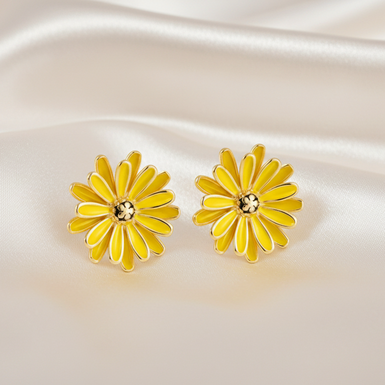 Boucles d’oreilles pour femme tendance en acier inoxydable doré, fleur marguerite jaune, puce 2,3 cm, style bohème 