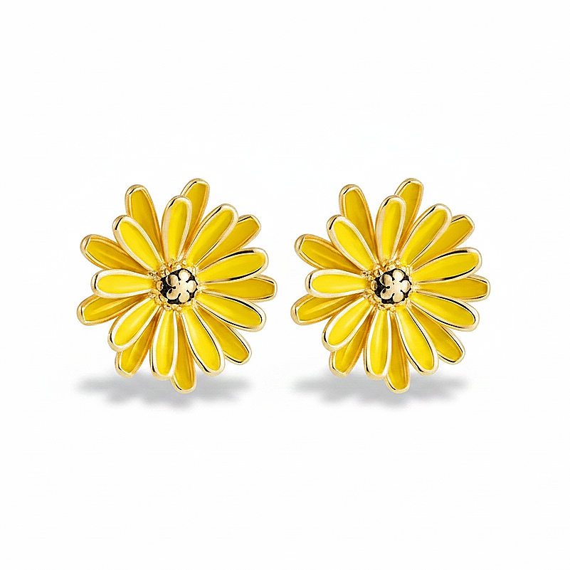 Boucles d’oreilles fleur 2,3 cm en acier inoxydable doré avec pétales de marguerite émaillés jaune.