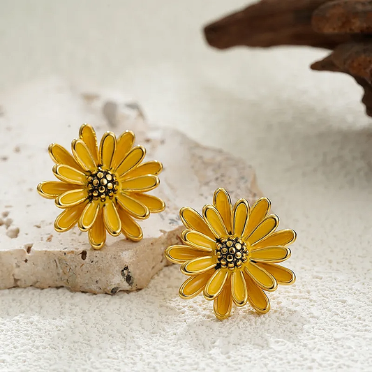 Boucles d’oreilles fleur marguerite jaune caramel pour femme en acier inoxydable doré, puce 2,3 cm, style bohème