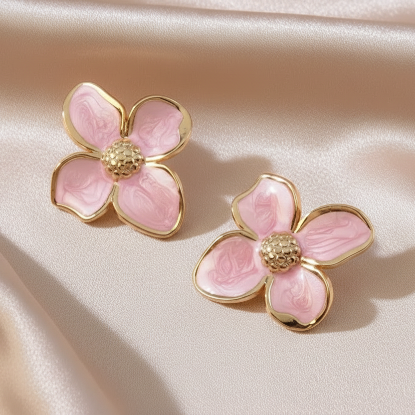 Boucles d’oreilles grande fleur pour femme en acier inoxydable doré et émail rose, Style bohème chic et tendance
