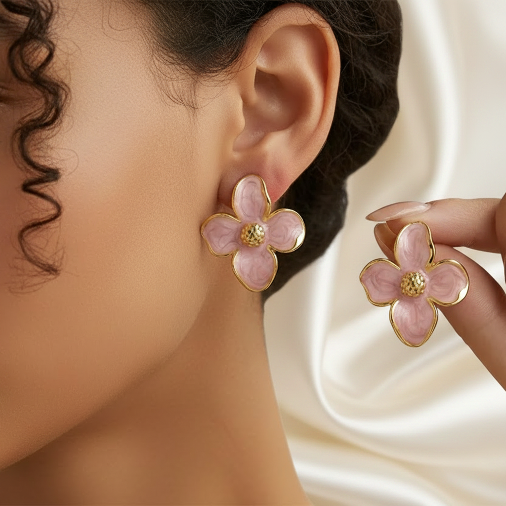 Femme portant des boucles d’oreilles grande fleur pour femme en acier inoxydable doré et émail rose, Style bohème chic et tendance