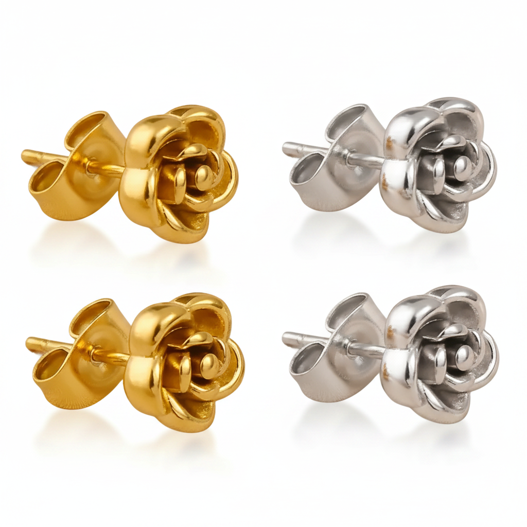Boucles d'oreilles fleur en acier inoxydable doré et argenté, puce 8 mm.