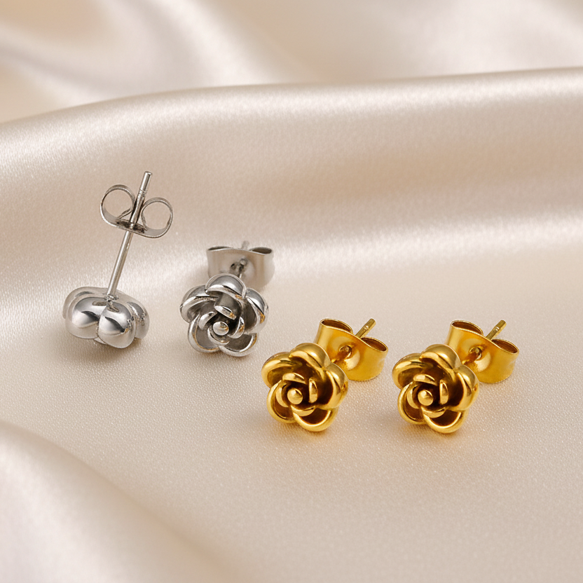 Boucles d'oreilles fleur en acier inoxydable doré ou argenté pour femme, puce 8 mm, bijou tendance et bohème