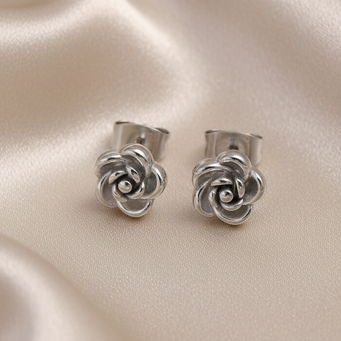 Boucles d'oreilles fleur en acier inoxydable argenté pour femme, puce 8 mm, bijou tendance 