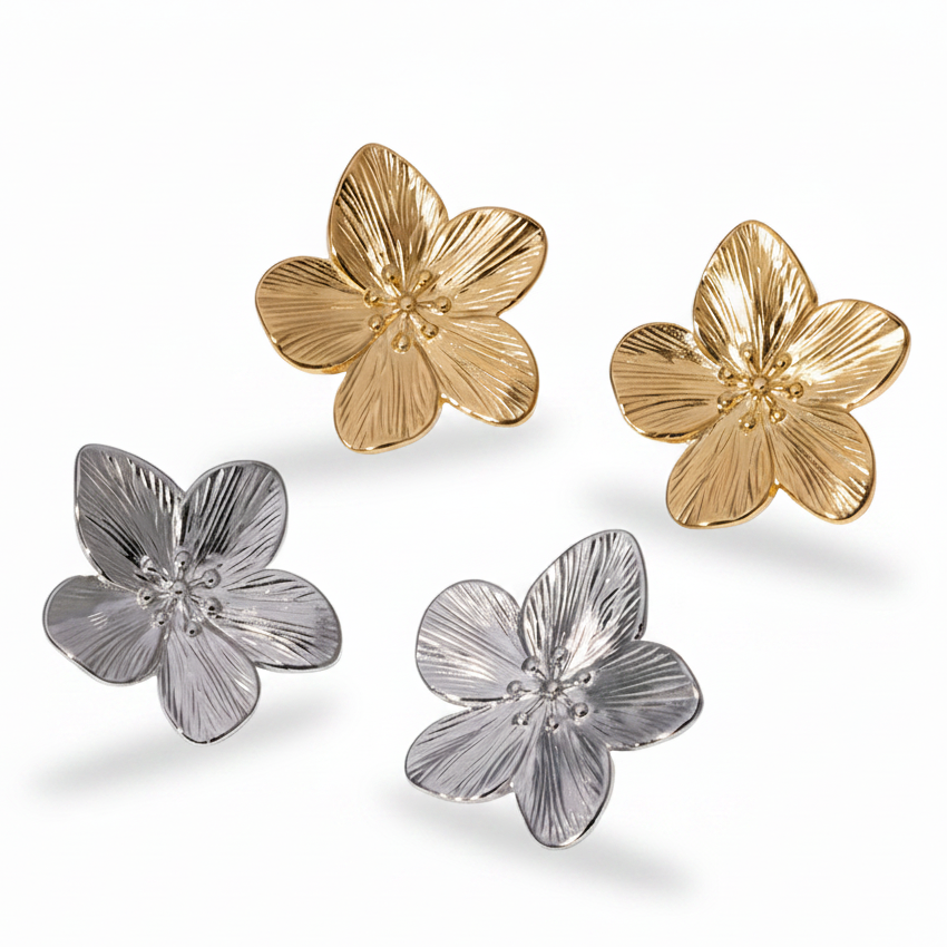 Boucles d'oreilles grande fleur en acier inoxydable doré et argenté.
