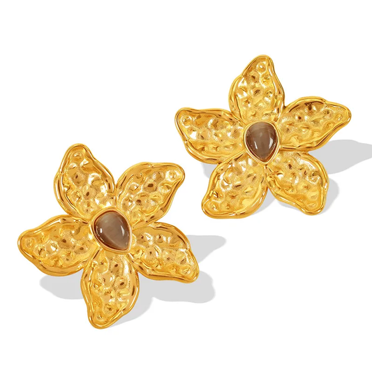 Boucles d'oreilles Grande Fleur KAÏRA en acier chirurgical doré et oeil de tigre