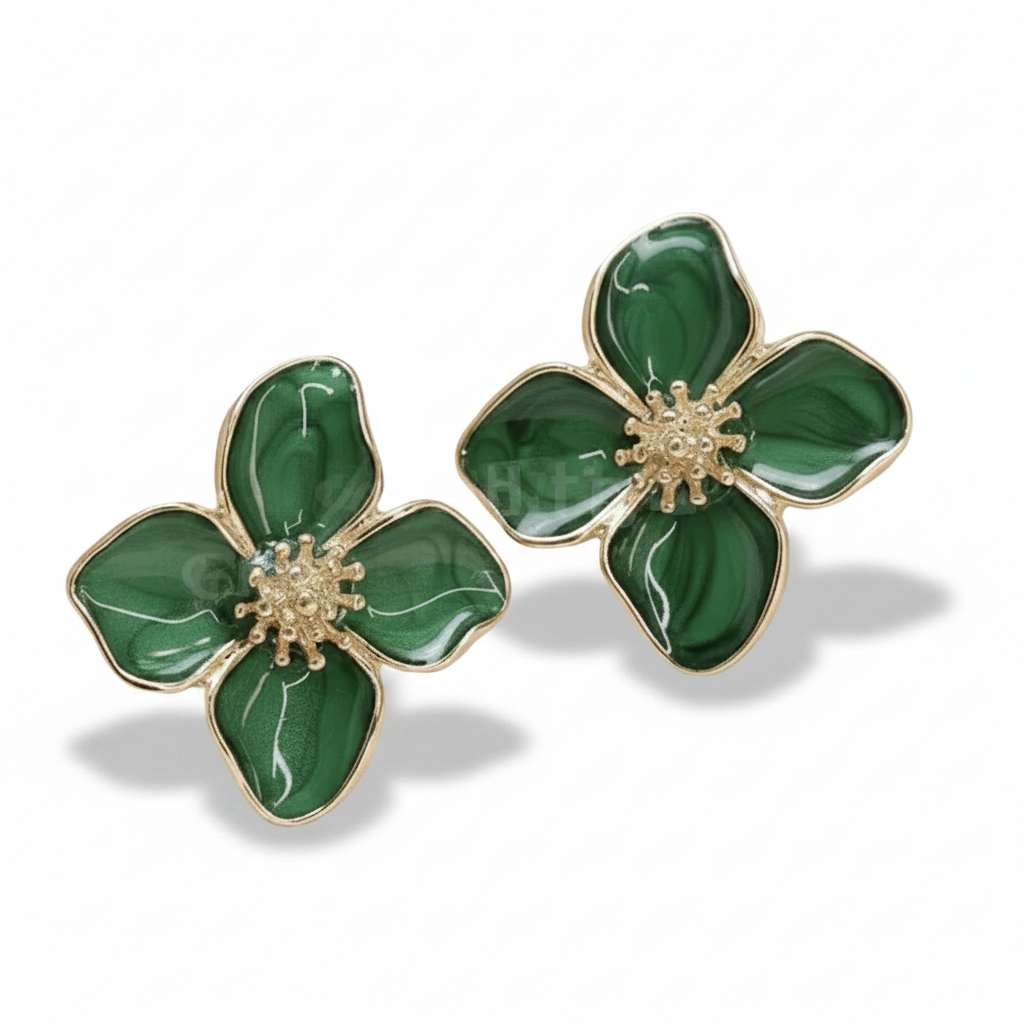 Boucles d’oreilles grande fleur 2,5 cm en alliage de zinc émaillé vert.