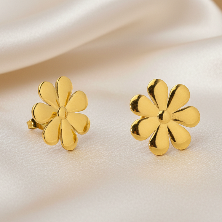 Boucles d’oreilles pour femme en acier inoxydable doré fleur marguerite 1,7 cm, style bohème chic