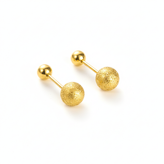 Boucles d’oreilles puces en acier inoxydable 316L doré avec perles dorées effet sable et fermoirs boules.