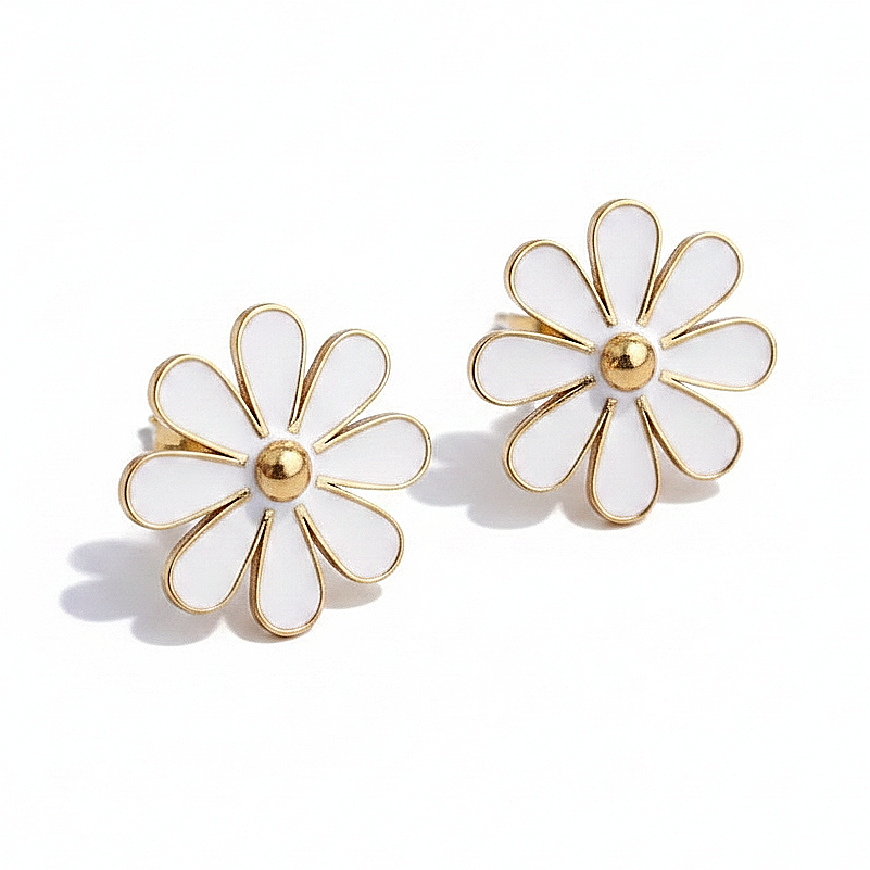 Boucles d’oreilles fleur marguerite en acier inoxydable doré émaillé blanc, puce 1,6 cm.