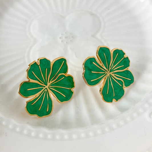 Boucles d’oreilles femme acier inoxydable doré grande fleur tropicale verte 2,5 cm style bohème