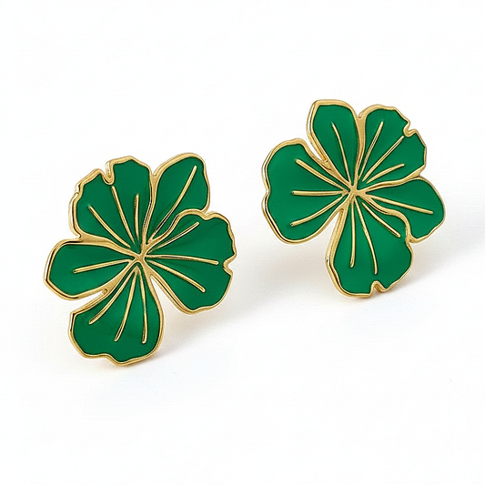 Boucles d’oreilles grande fleur tropicale 2,5 cm en  acier inoxydable doré émaillé vert.