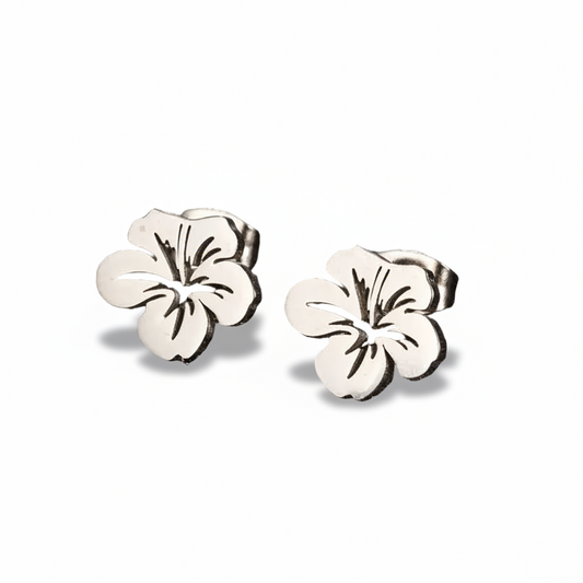 Boucles d'oreilles fleur d'hibiscus en acier inoxydable argenté.