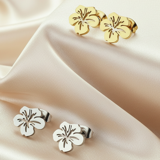 Boucles d'oreilles fleur d'hibiscus en acier inoxydable doré et argenté, bijou minimaliste et tendance florale