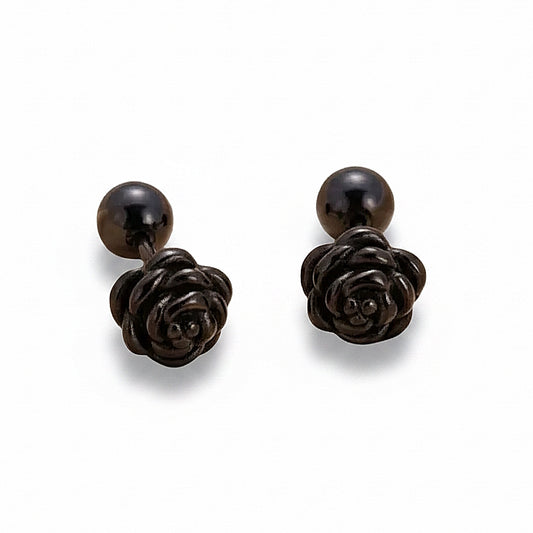 Boucles d’oreilles fleur en acier inoxydable noir, puce 1,2 cm, poussoir boule.