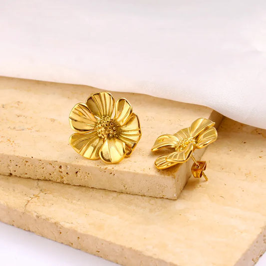 Boucles d'oreilles fleur marguerite stylisée en acier inoxydable doré pour femme, puce 2,5 cm