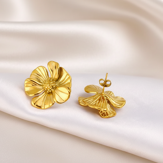 Boucles d'oreilles fleur marguerite stylisée en acier inoxydable doré pour femme, puce 2,5 cm