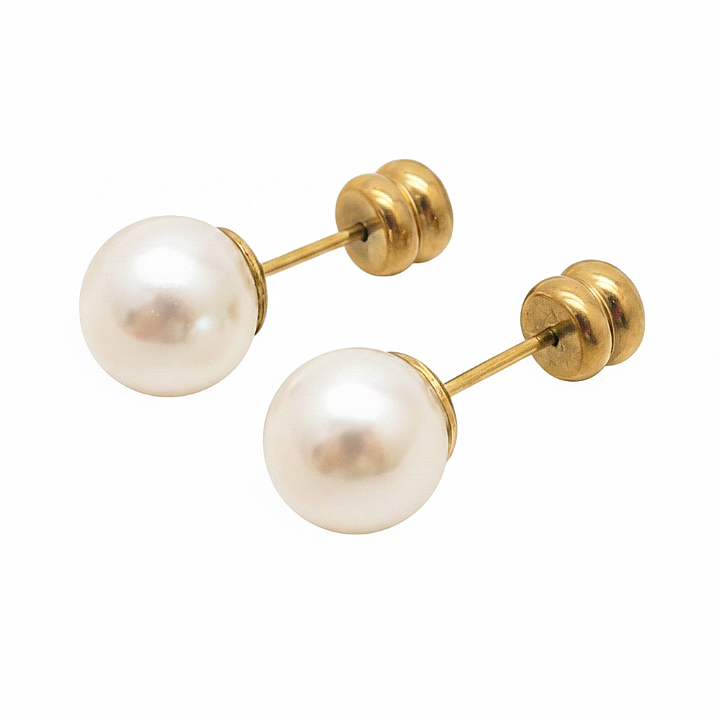 Boucles d’oreilles avec perles de culture blanches montées sur acier inoxydable doré, fermoirs poussette.