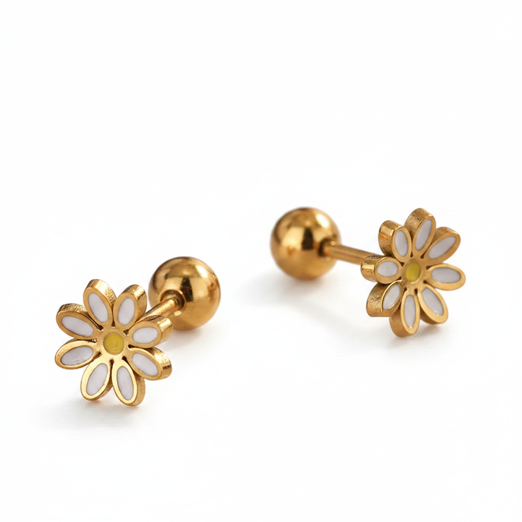 Boucles d’oreilles fleur marguerite blanche en acier inoxydable doré, petites puces 7 mm avec fermoirs boules.