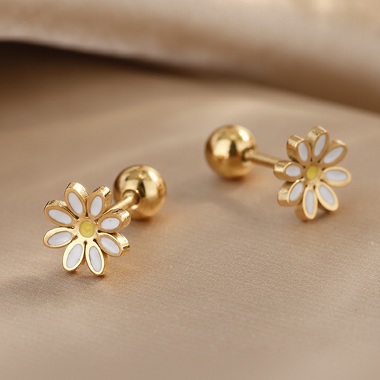 Boucles d’oreilles fleur marguerite blanche pour enfant en acier inoxydable doré, petites puces 7 mm avec fermoirs boules