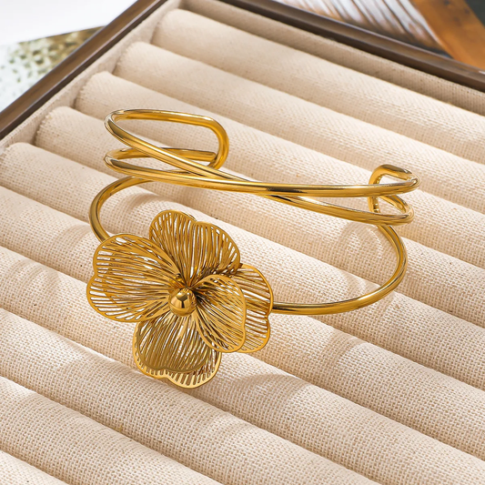 Bracelet manchette femme en acier inoxydable doré, décoré d’une grande fleur stylisée, style bohème