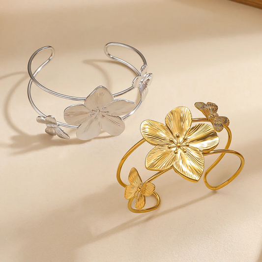 Bracelet manchette Fleur et Papillons HAWAII  – Acier chirurgical