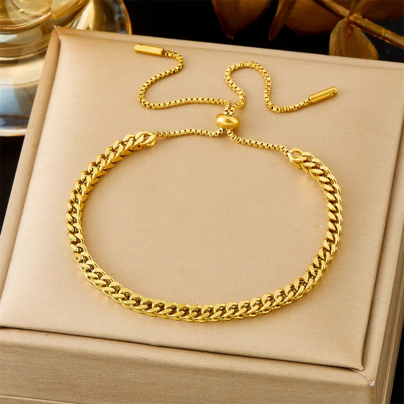 Bracelet femme doré acier inoxydable, maille gourmette épaisse 3 mm et fermeture ajustable coulissante 