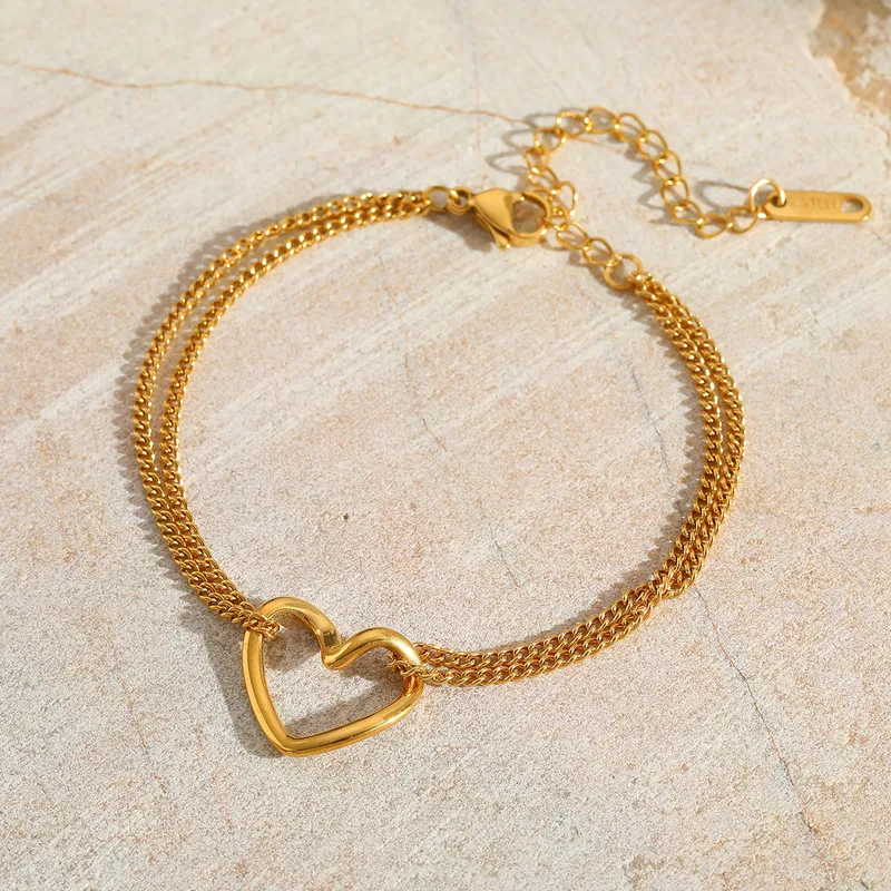 Collier doré en acier inoxydable double chaîne maille gourmette et coeur creux, élégant