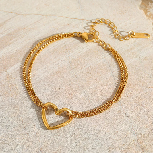 Collier doré en acier inoxydable double chaîne maille gourmette et coeur creux, élégant