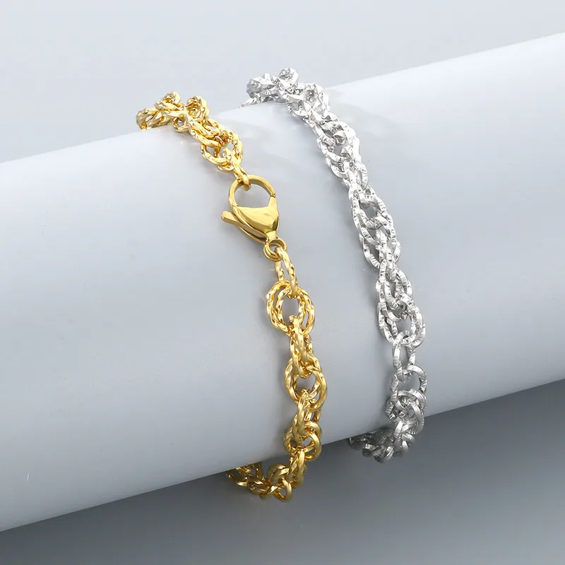 Bracelet gourmette doré ou argenté en acier inoxydable, maillons torsadés doubles
