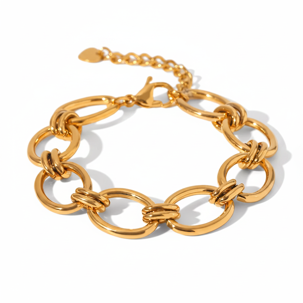 Bracelet en acier inoxydable 316L doré plaqué or 18K à grosse chaîne trombone.