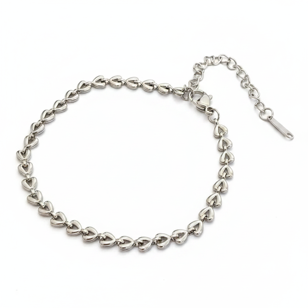 Bracelet en acier inoxydable 316L argenté à chaîne de coeurs.