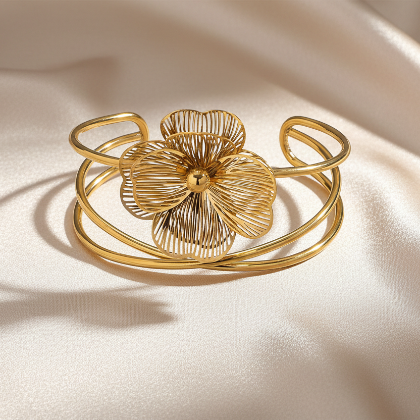Bracelet manchette Fleur ATHENA – Acier chirurgical doré ou argenté