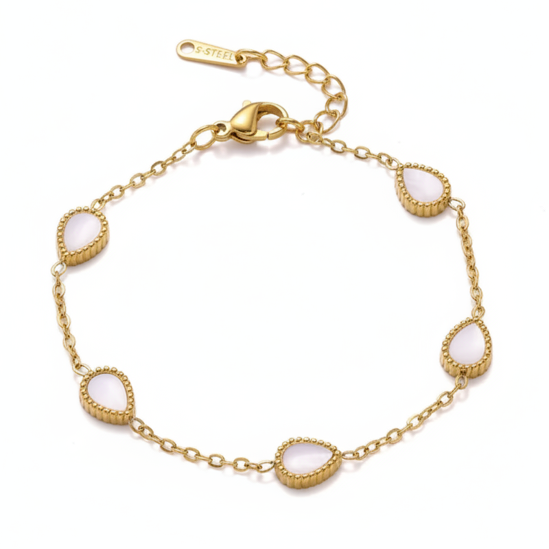 Bracelet en acier inoxydable 316L doré orné de 5 gouttes d'eau en nacre blanche naturelle.