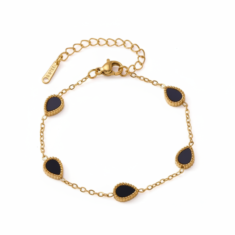 Bracelet en acier inox 316L doré orné de 5 gouttes d'eau en nacre naturelle couleur noir.