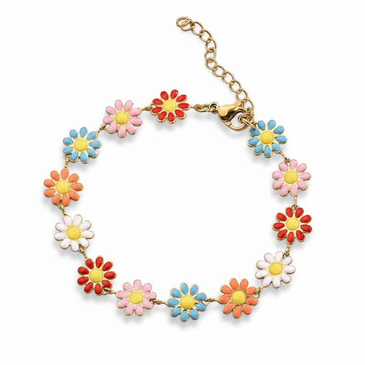 Bracelet en acier inoxydable doré avec petites fleurs marguerite émaillé multicolore.