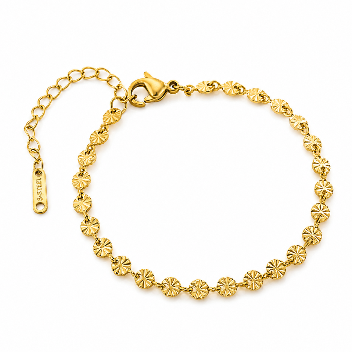 Bracelet en acier inoxydable 316L doré à maillons ronds martelés.