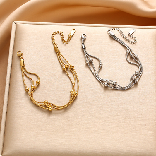 Bracelet triple maille serpent fine en acier inoxydable doré ou argenté avec perles, bijou élégant femme