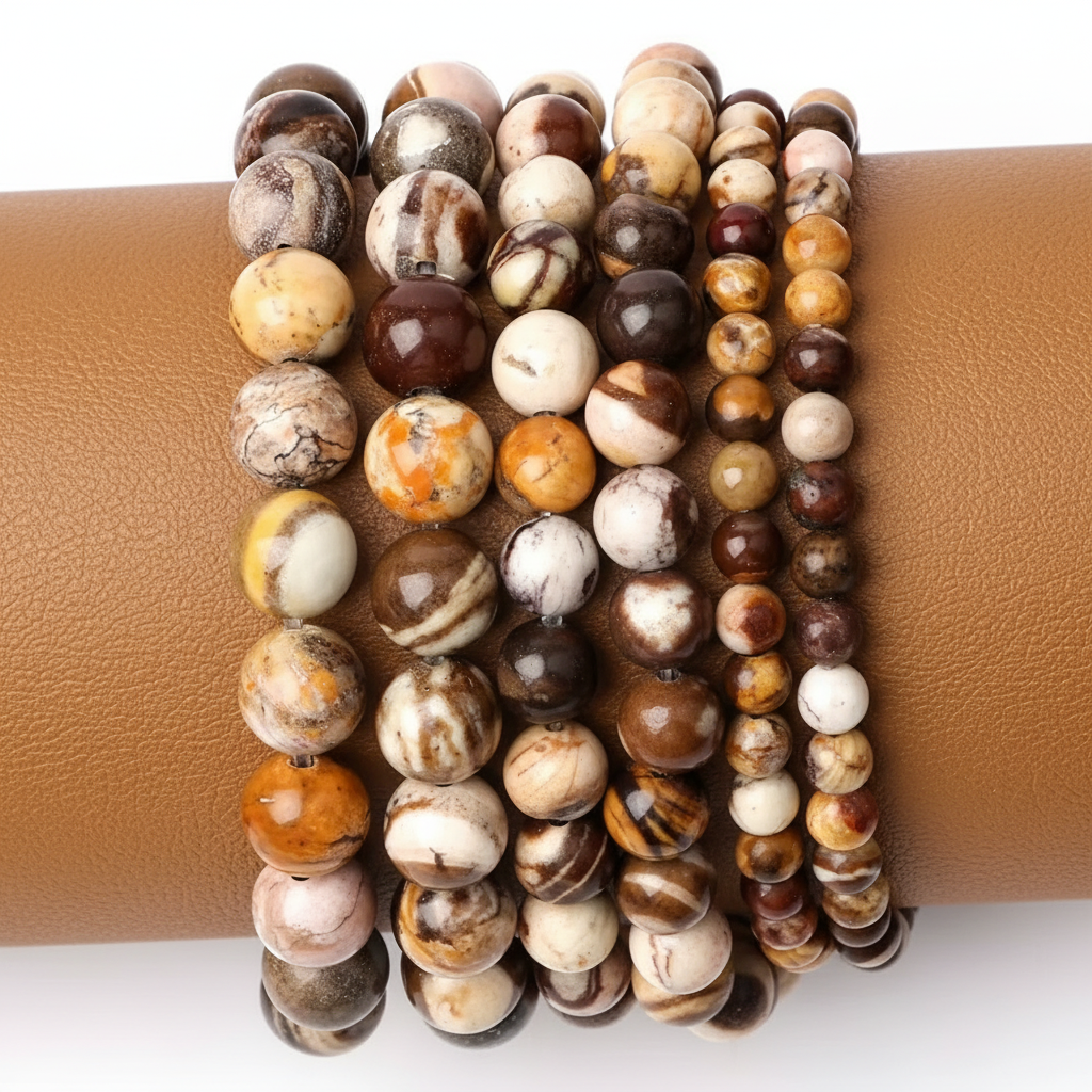 Bracelet boule 4 mm en jaspe zébré australien – pierre naturelle aux tons beige et marron, symbole d’ancrage et d’harmonie intérieure – Swann Bijoux en Guadeloupe