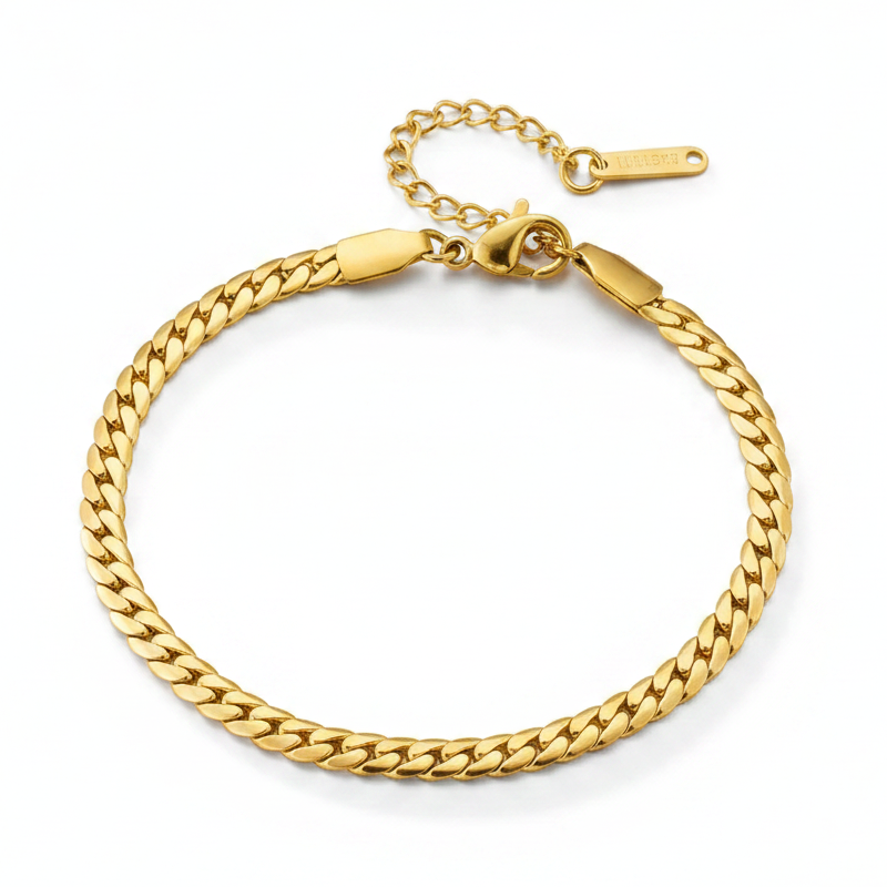 Bracelet gourmette doré en acier inoxydable 316L à maille anglaise.