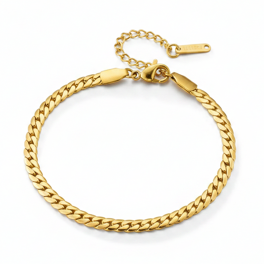 Bracelet gourmette doré en acier inoxydable 316L à maille anglaise.