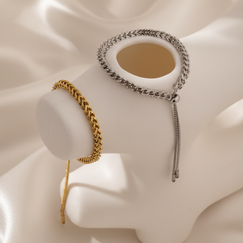 Bracelet gourmette épaisse à fermeture coulissante en acier doré ou argenté – modèle OPERA