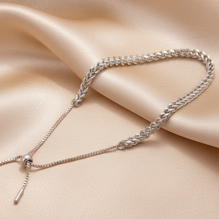 Bracelet tendance pour femme argenté en acier inoxydable, maille gourmette épaisse 3 mm et fermeture ajustable coulissante 