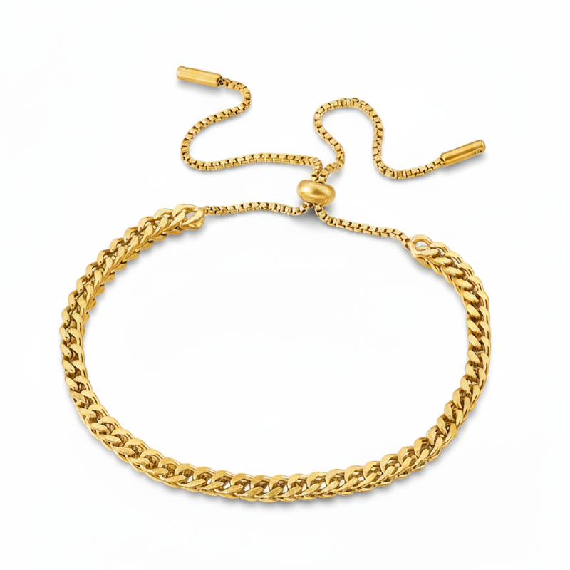 Bracelet en acier inoxydable 316L doré à maille cubaine épaisse de 3 mm avec fermeture ajustable coulissante.