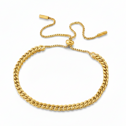 Bracelet en acier inoxydable 316L doré à maille cubaine épaisse de 3 mm avec fermeture ajustable coulissante.