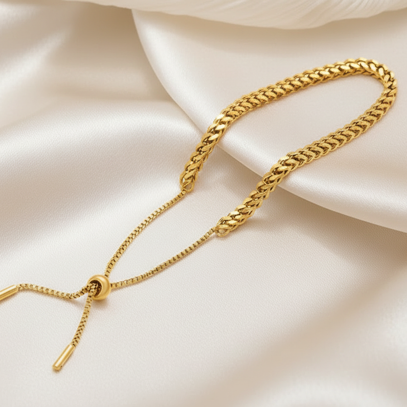 Bracelet tendance pour femme doré en acier inoxydable, maille gourmette épaisse 3 mm et fermeture ajustable coulissante 