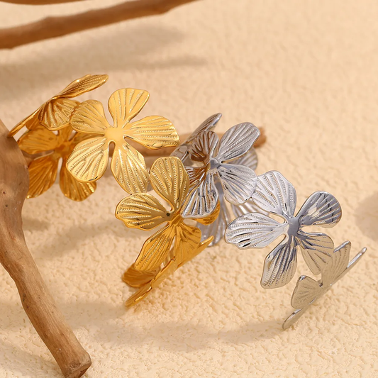 Bracelet manchette Fleurs SACHA – Acier chirurgical doré ou argenté