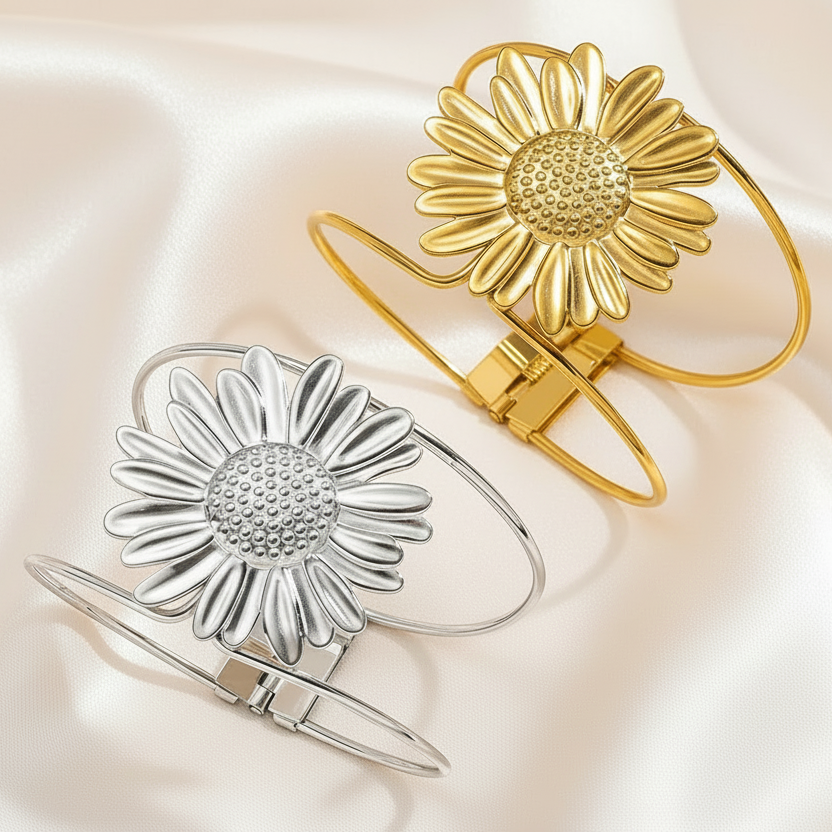 Bracelet manchette femme en acier inoxydable 316L doré ou argenté, décoré d’une grande fleur marguerite, style bohème