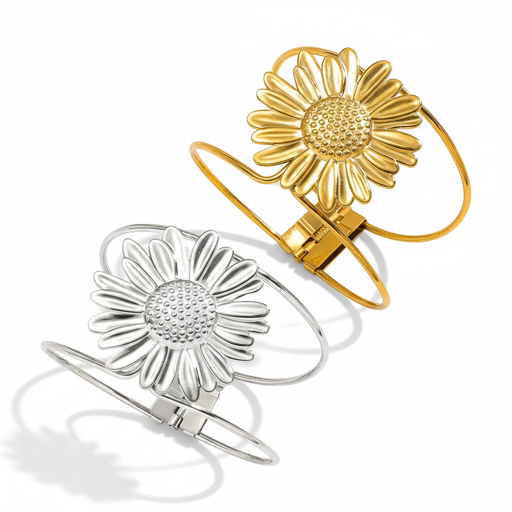 Bracelet manchette en acier inoxydable 316L doré et argenté, décoré d’une grande fleur marguerite.